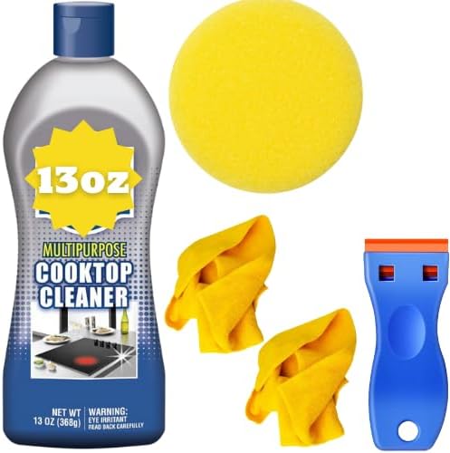 Bar-Keeper's-Friend Multi-Surface Cooktop Cleaning Kit – 13 oz Cream Cleaner with Non-Scratch Scrub Pad, Washable Yellow Microfiber Cloth & Cleaning Scraper