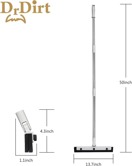 DrDirt Floor Squeegee with 14-Inch Swivel Head | 50-Inch Stainless Steel Handle and Replaceable Dual Foam Blades | Water Broom & pet Hair Remover | Ideal for Garage Tiles & Carpets
