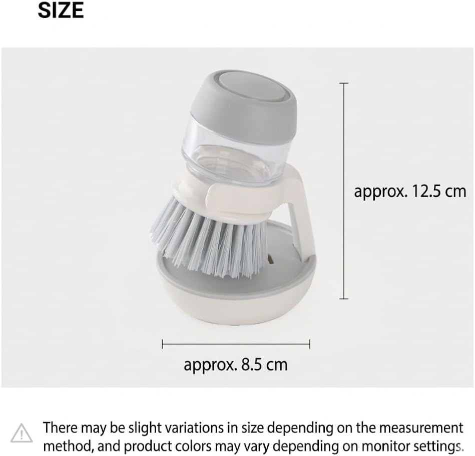 Soap Dispensing Palm Brush with Storage Stand - Self-Draining Kitchen Scrub Brush Set for Dishes & Pans, Push Button Cleaning Brush with Refillable Dispenser, 3.3 x 4.9 Inches, White & Grey