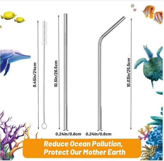 VEHHE Metal Straw Stainless Steel Straws Drinking Reusable Straws 4 Set -10.5" Ultra Long Rainbow Color-Cleaning Brush for 20/30 Oz for Yeti RTIC SIC Ozark Trail Tumblers (2 Straight|2 Bent|1 Brush)