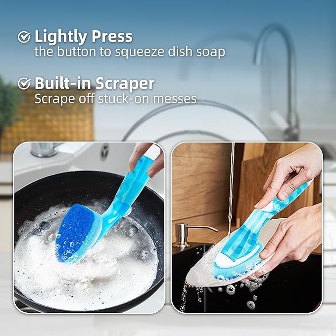 Dish Wand Sponge Refills, 6 Sponges Replacement Heads DishWand Non Scratch, Soap Control Handle Dispenser Scrubber Heavy Duty with Dishwashing Scrub Dispensing Brush Pads Cleaning Supplies (Blue)