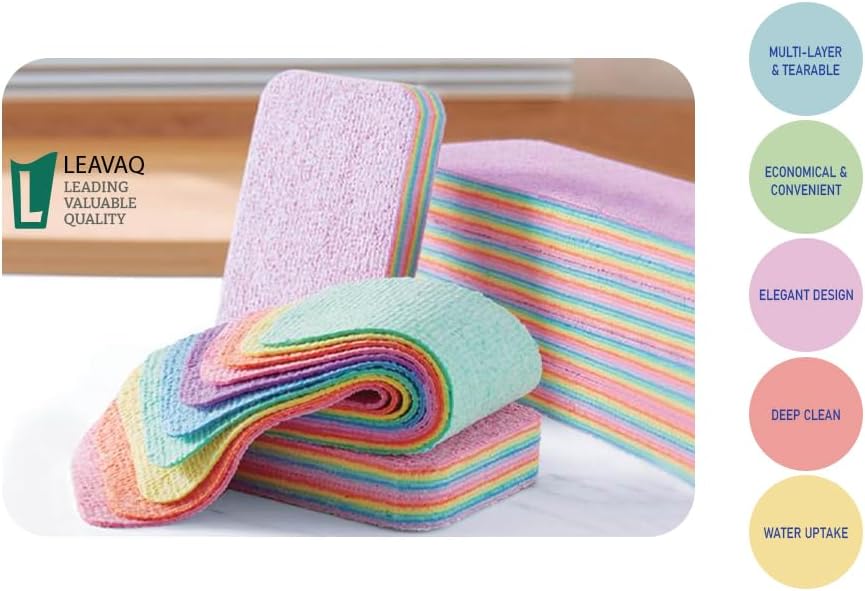 LEAVAQ Peelable Microfiber Sponges 4 Pack – 12-Layer Tear Away PVA Cleaning Pads, Ultra Absorbent Non-Scratch Rainbow Sponge for Kitchen Dish, Countertop, Bathroom, Glass & Car Cleaning