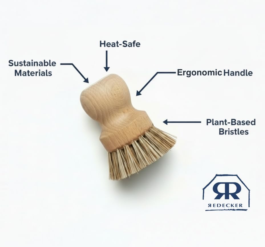 Redecker Pot Brush, Union Fibre, 2-Pack Heavy Duty Scrub Brushes for Pots, Cast Iron & Baked-On Residue, Beechwood, 2.6-Inch Round, Made in Germany