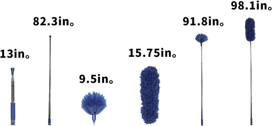 ZZ LAZYCOTTAGE Cobweb Duster with Extension Pole, Washable Cleaning Duster Kit with 2 Duster Heads, Cobweb Duster, Corner Brush, Aluminum Telescoping Pole for Ceiling Fan (Blue)