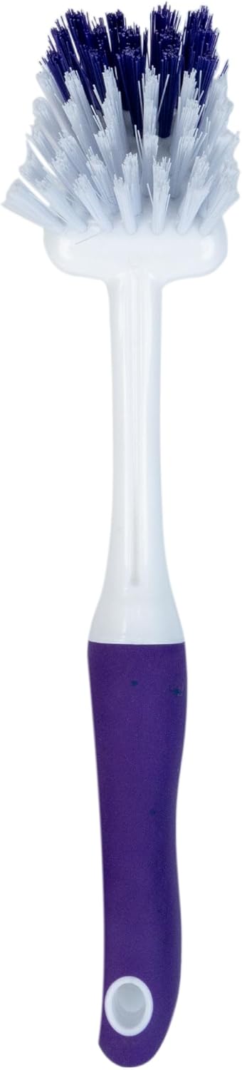 Fabuloso Cleaning Brush with Handle, Compact Handheld Household Scrub Brush for Kitchen, Bathroom, Baseboards, Tile and Floors, Firm Bristles for Indoor Surface Cleaning, White and Purple, 5.5 Inch