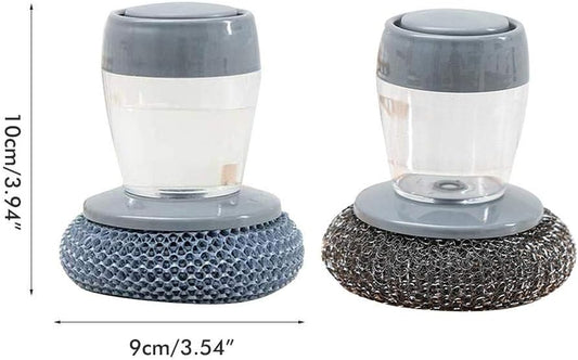 Steel/PET Dish Scrubber, Soap Dispensing Palm Brush, Non-Scratch PET Brush with Soap Dispenser Set, Scouring Pad Pot Scrubber Metal Sponge Household Kitchen Cleaning Brush