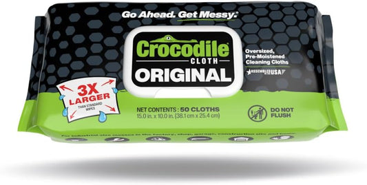 Crocodile Cloth Original Cleaning Wipes, 600 Count (12 Packs of 50 Count), Heavy-Duty 15” x 10” Multi-Surface Shop Wipes, Water-Based, Safe on Skin, Cuts Grease, Grime & Dirt