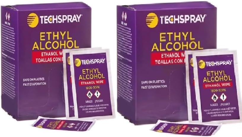 Techspray 1606-30pk Ethanol Wipes, 5-1/4 x 5-1/2", 30 per Pack (2-Pack) 60 Wipes Total