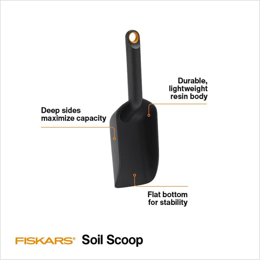 Fiskars Planting Soil Scoop & Brush Set, Dual-Sided Tool for Indoor Digging & Cleanup, Narrow Rigid End & Flexible Dustpan for Potting, Soft Bristles Sweep Debris, Recycled Plastic