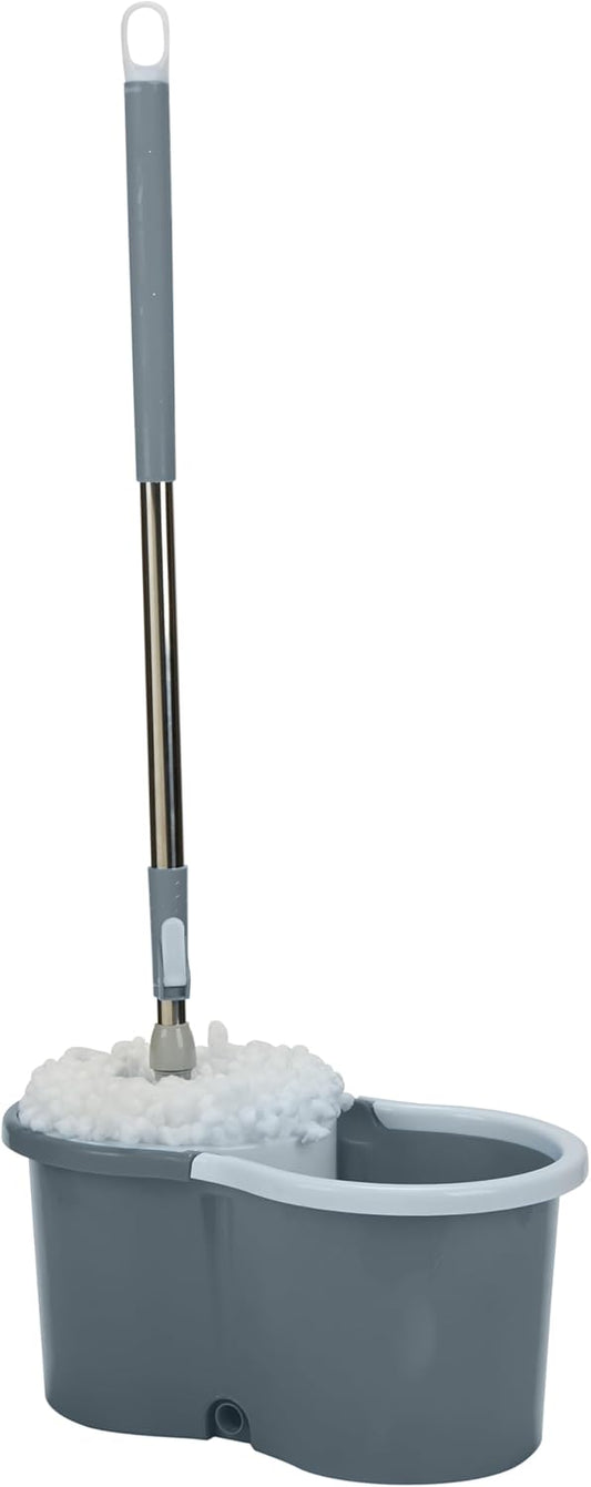 Simplify Self Wringing Spinner Mop | 1 Bucket with Spinning Mechanism | 2 Microfiber Heads | 360 Head mop| Household Cleaning | Extendable Mop Head | Grey