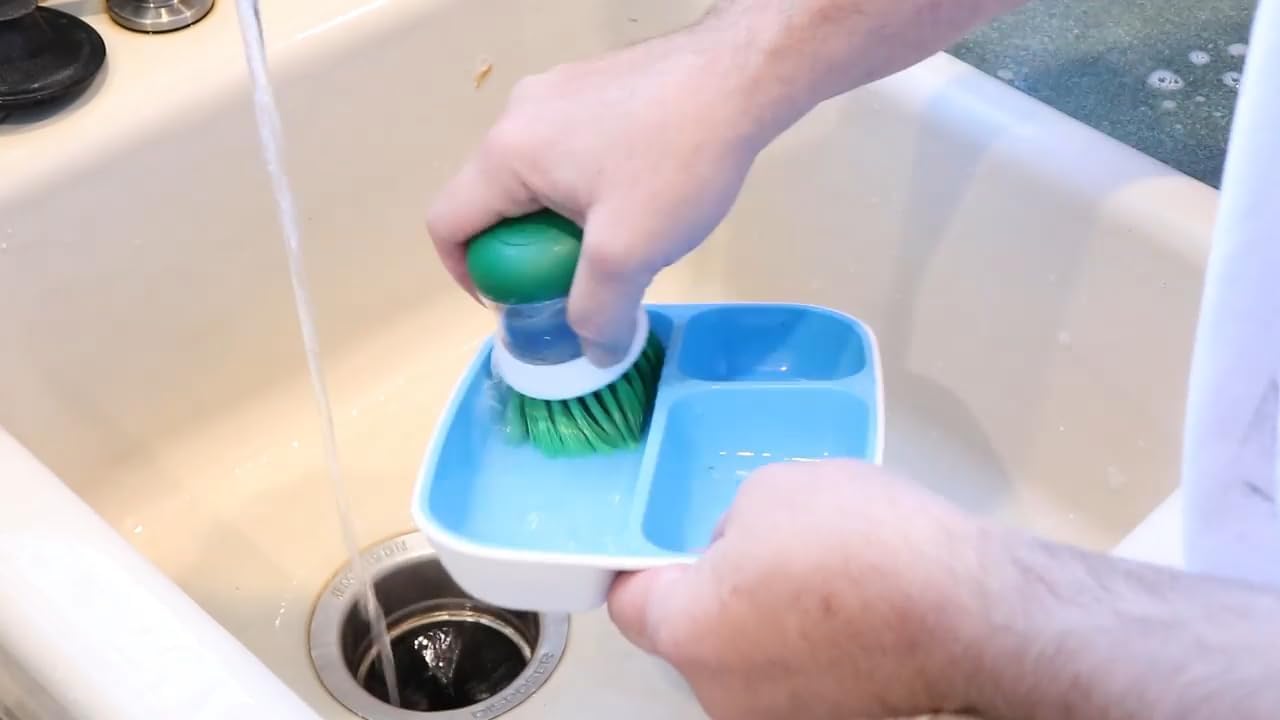 Soap Dispensing Palm Scrub Brush - Made in The USA - Heavy Duty Kitchen Dish Scrubber with Ergonomic Non-Slip Grip for Dishes, Pots, Pans, and Sink Cleaning