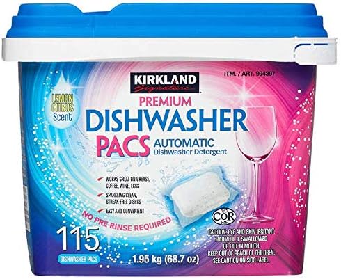Kirkland Signature Premium Dishwasher Detergent Pacs: Lemon Citrus Scent - 115 Pacs (68.7 oz) + Bonus Gift