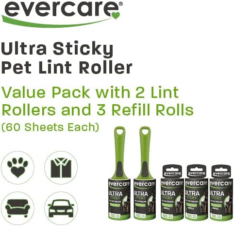 Evercare All Purpose Pet Hair Lint Roller with 2 Refills, 180 Total Sheets – Reusable Sticky Roller for Pet Hair, Cat & Dog Hair Remover, Lint Remover, Pet Hair Remover for Furniture, Clothing & Cars