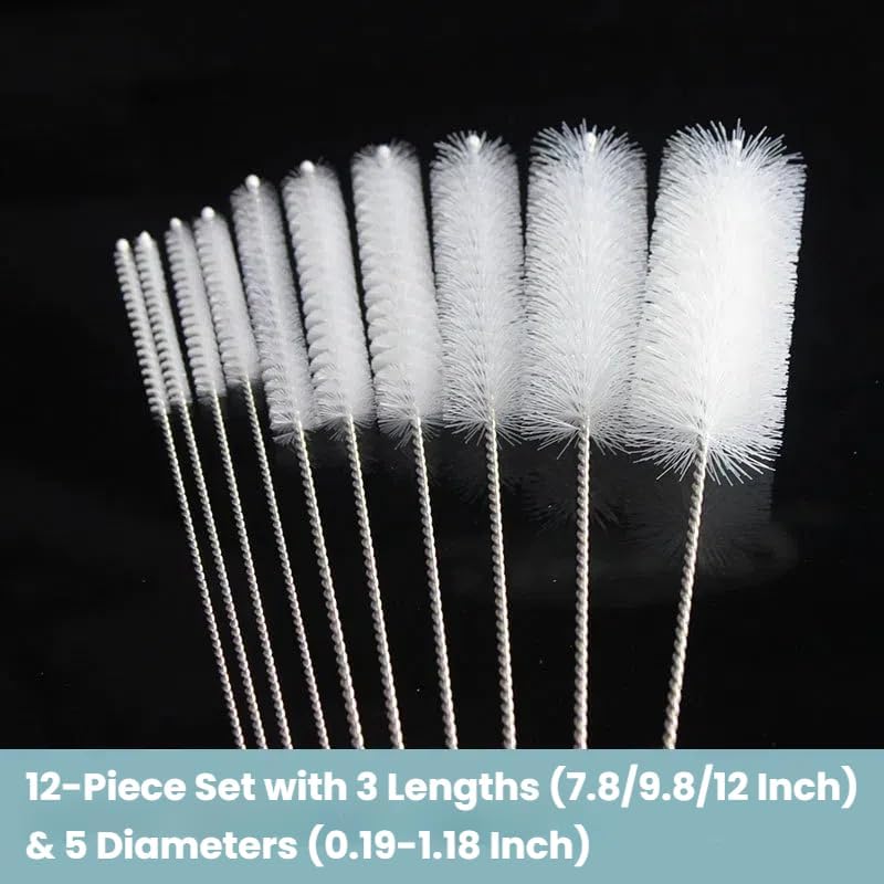 KUTO 12 Pcs Straw Cleaner Brush Kit with Nylon Bristles - Extra Long Pipe Cleaners for Tumbler, Water Bottle, Sippy Cup, Tubes & Hummingbird Feeders - 6 Different Diameters