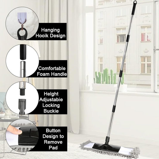 Dust Mop for Floor Cleaning with 2 Washable Chenille Pads and Extendable 58” Long Handle, Dry Wet Flat Mop with Scouring Pad for Hardwood, Laminate, Tile, Marble (Green)