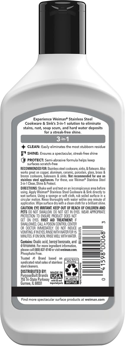 Weiman Stainless Steel Sink and Cookware Cleaner and Polish with Microfiber Cloth - 8 Ounce