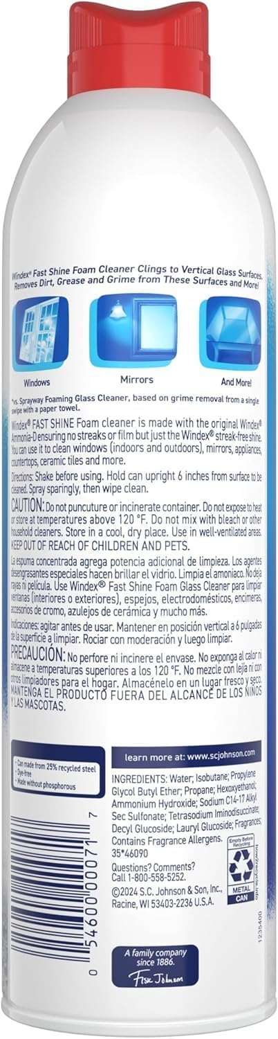 Windex Fast Shine Foam Glass Cleaner, No-Drip Windows, Doors, Mirrors & Countertops Aerosol Cleaning Spray, Streak-Free Shine, Removes Fingerprints, Dust, Dirt, Grime & More 19 oz (Pack of 2)