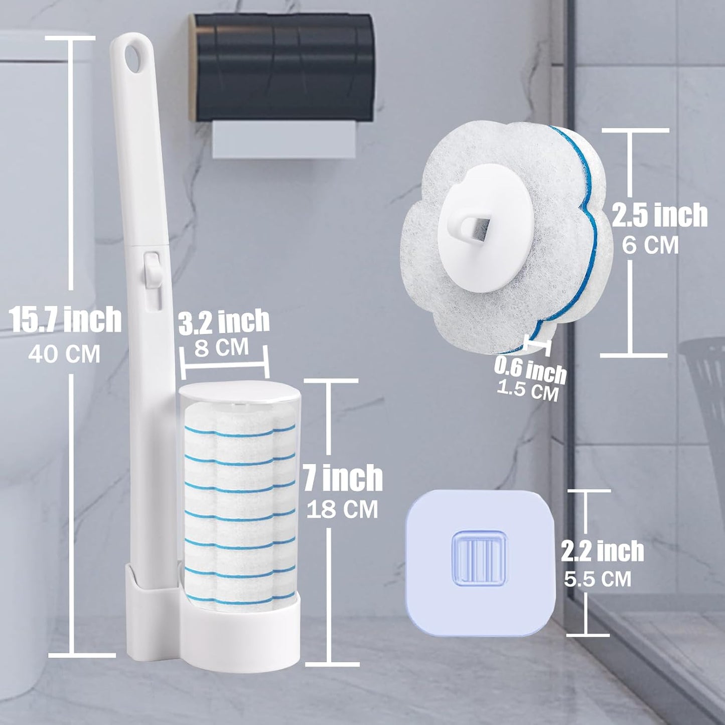 Disposable Toilet Brush, 2 Pack Toilet Wand and Holder with 54 Cleaner Refills Disposable Toilet Cleaning System Cleaner Pads for Toilet Bowl,Bathroom Cleaning,Sink,Bathtub - White