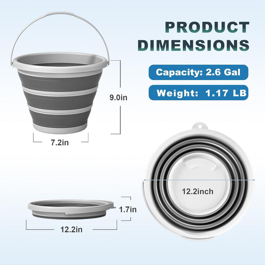 Gronivex 2.6 Gallon Collapsible Bucket with Handle - Foldable Portable Water Pail for Car Wash, Camping, RV, Boat, Fishing - Space-Saving Multi-Purpose Cleaning Bucket, BPA Free