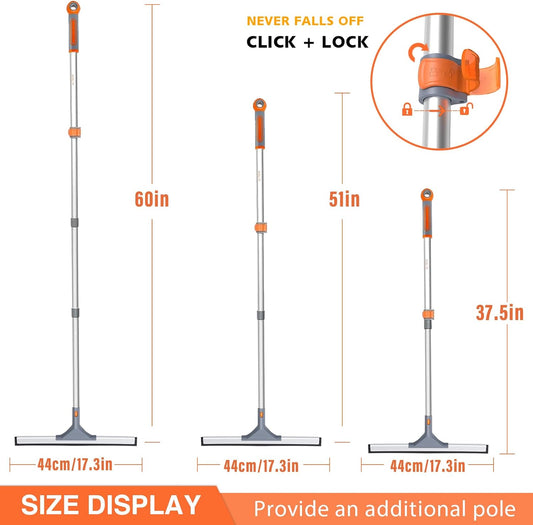 Eazer Floor Squeegee Broom: Heavy Duty Scrubber with Extendable 60'' Aluminum Pole and Rubber Blade for Kitchen, Swimming Pool, Concrete Floors,Shower,Tiles,Garages,Windows,Glass,Pet Hair Removal