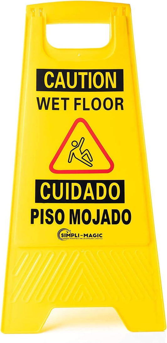 Simpli-Magic Side Press Wringer Combo Commercial Mop Bucket on Wheels, 35 Quart,Yellow, Including Wet Floor Caution Sign and Set, Polyethylene