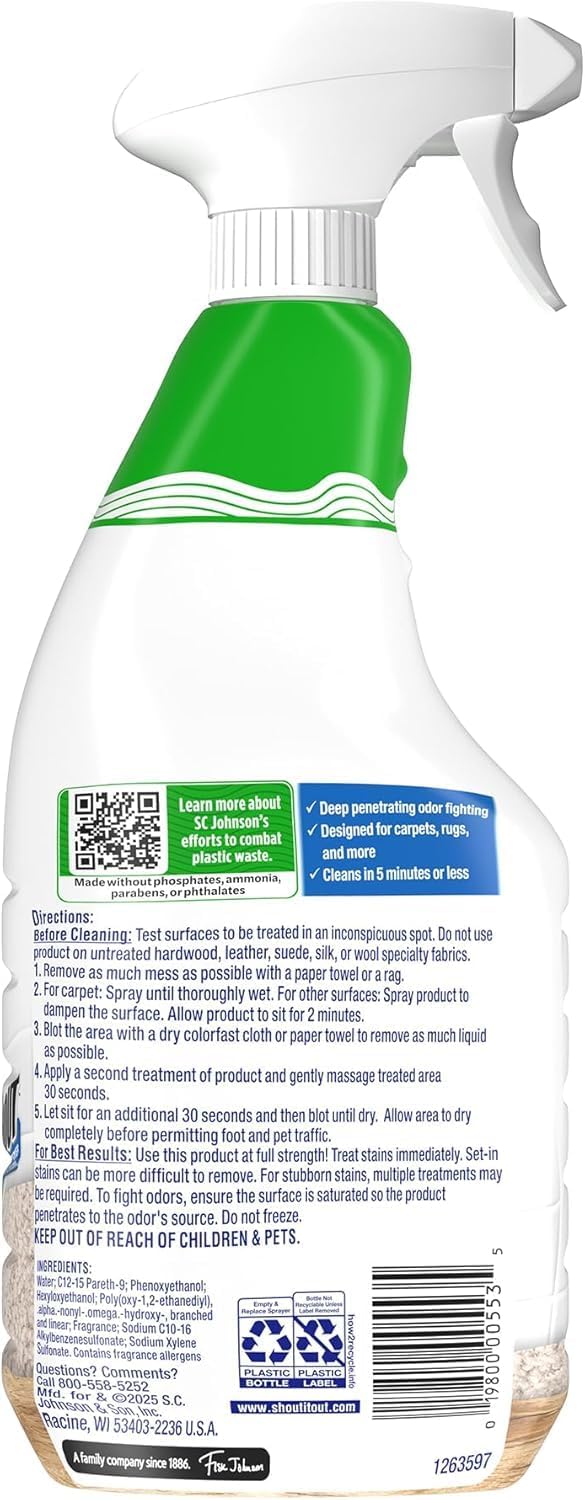 Shout Pet Stain Remover Spray, Color-Safe Multisurface & Carpet Cleaner Solution for Dog & Cat Urine, Feces, Vomit & Mud, Fights Odors & Remarking, Fast-Acting Cleans in 5 Minutes or Less, 22oz