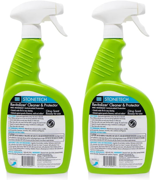StoneTech Revitalizer Cleaner and Protector | Natural Stone Cleaner | Marble, Quartz, Granite Countertop Cleaner | 3-in-1 Cleans and Reseals | 2-Pack 24 oz Spray + Microfibers, Citrus Scent