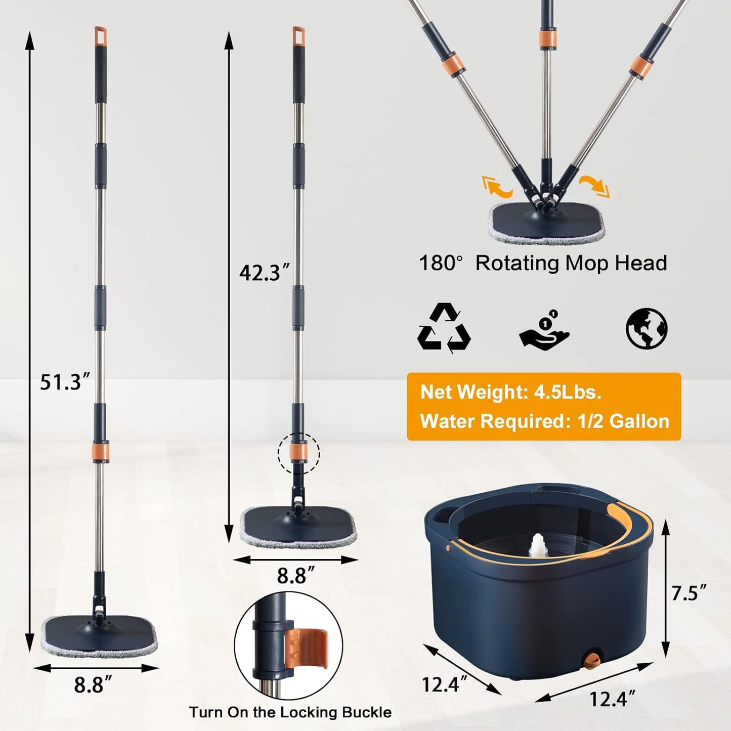Flat Floor Mop and Bucket System Set with Wringer, Spin Mop and Bucket Separate Clean and Dirty Water with Self Separation for Hardwood, Laminate, Tile, Floor Cleaning, Wet and Dry Use, LightCyan
