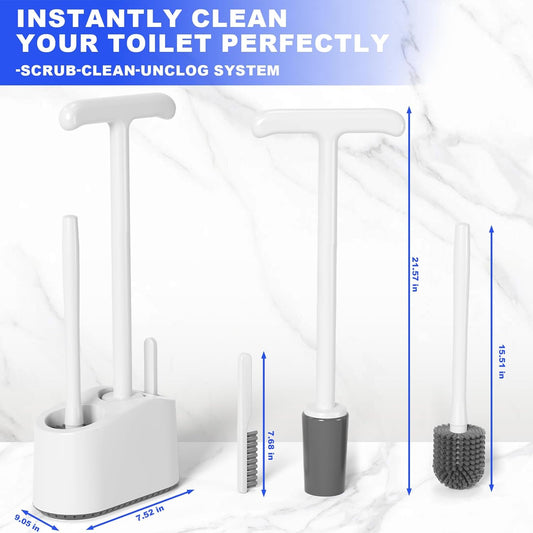 3 in 1 Toilet Brush and Plunger Set,Extended Handle Plunger,Heavy Duty Toilet Bowl Brush and Holder Hidden Toilet Plunger and Brush Set,Bathroom Cleaning Supplies (Pure White)