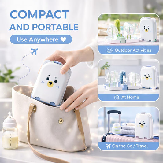 Travel Bottle Cleaner kit, 7in1 Baby Toddler Travel Essential Silicone Bottle Brush Set, Nipple, Drying Rack, Straw, & Breast Pump Cleaning, Soap Dispenser & Organizer Case, Gift Mom