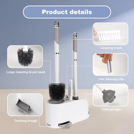 Toilet Brush and Plunger Set 4 in 1 Toilet Brush and Holder with Crevice Cleaning Brush and Clip Deep Cleaning, Wall Mounted Home Bathroom Cleaning Tool Combo (Gray 1)