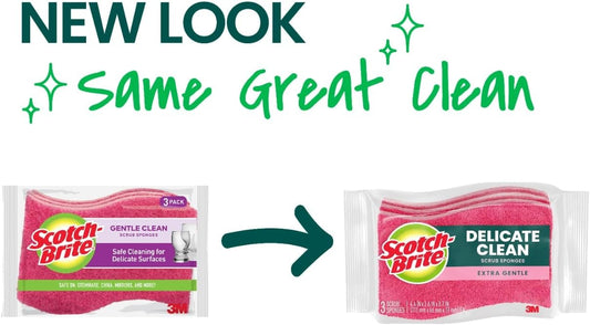 Scotch-Brite Delicate Clean Non-Scratch Scrub Sponge, 3 Nonscratch Kitchen Sponges for Gentle Cleaning of Porcelain, Fine china, Stemware, Nonstick Pots and Pans, Mirrors, Faucets, and More