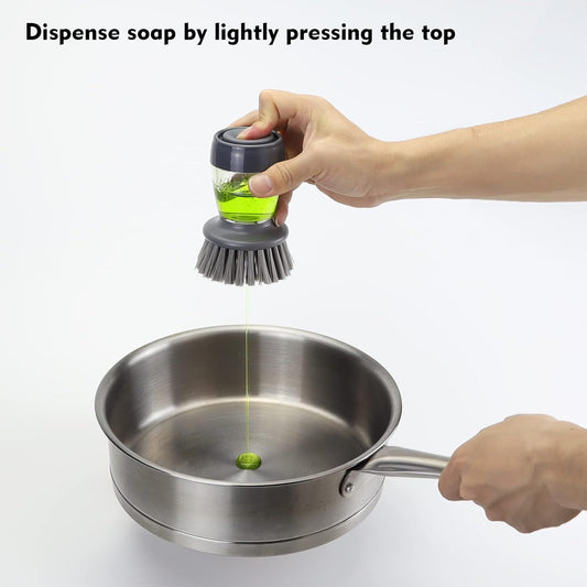 DAPOWER Dish Brush with Soap Dispenser, Kitchen Scrub Brush for Dishes Pots Pans Sink Cleaning, Dish Scrubber with Holder Set (Grey 2-Pack Combo Set)