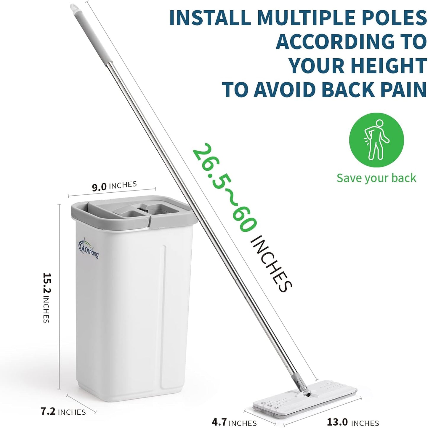 Oshang Flat Mop and Collapsible Bucket OG7 with Wheels, 2 Washable Reusable Microfiber Pads, Pure White