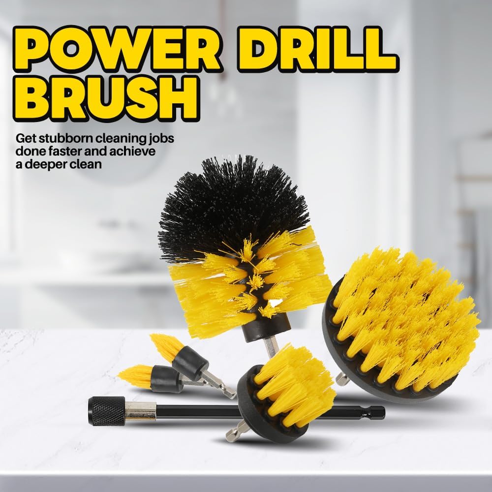 6Pcs Drill Brush Cleaning Kit with Extendable Rod, Yellow Power Scrubber Attachments for Shower, Tub, Tile, Grout, Kitchen and Car (Yellow-6pcs)