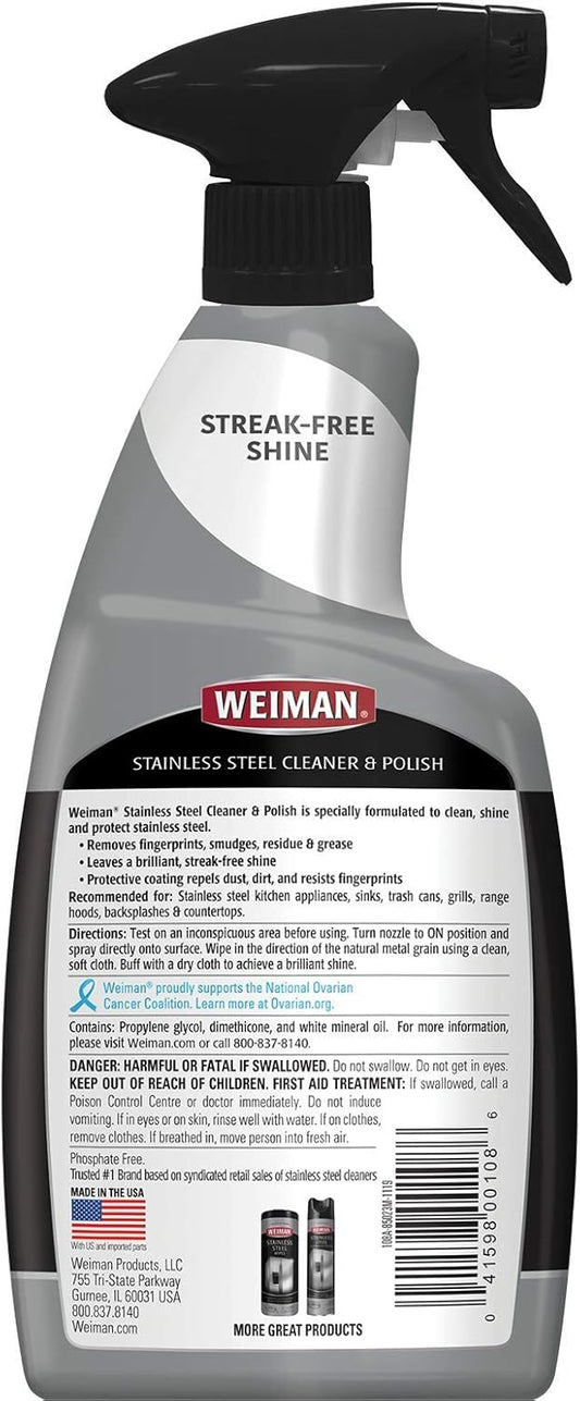 Weiman Stainless Steel Cleaner and Polish - Streak-Free Shine for Refrigerators, Dishwasher, Sinks, Range Hoods and BBQ grills, 22 Fl Oz