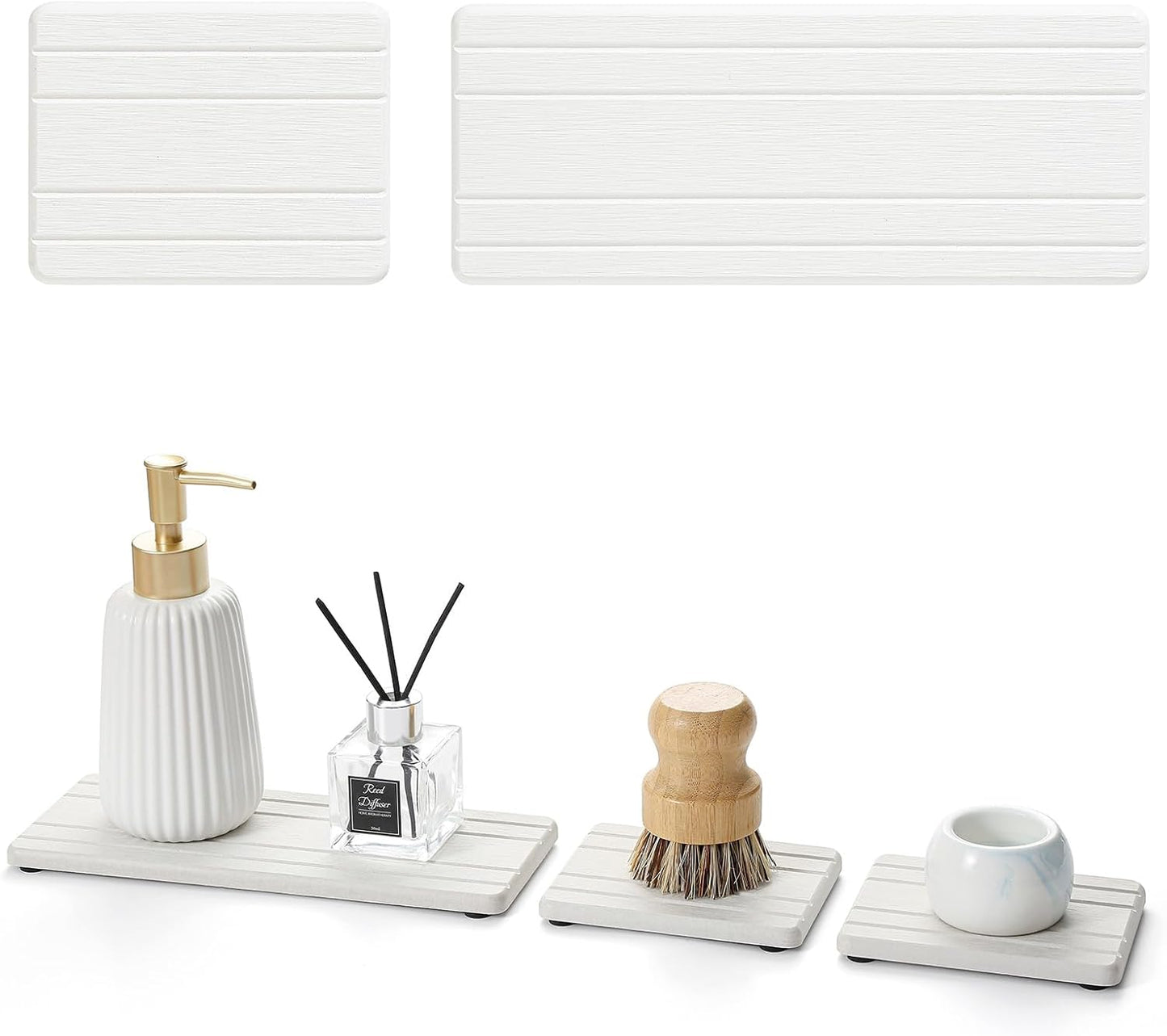 Fast Water Absorption Sink Organizer Tray Set, 3-Pack Compact and Space-Saving Stone Soap Holder Caddy for Kitchen & Bathroom Counter, Faucet Splash Guard, White (1pc of 8"x3.8" + 2pcs of 3.8"x3.8")