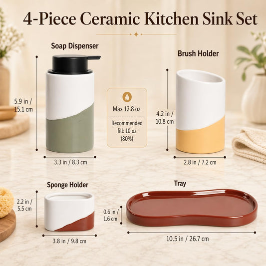 BosilunLife Kitchen Sink Caddy Set – 4-Piece Ceramic Soap Dispenser 12oz with Sponge & Utensil Holders on Drip Tray for Kitchen & Bathroom Countertop Organization (Liquid Pump)