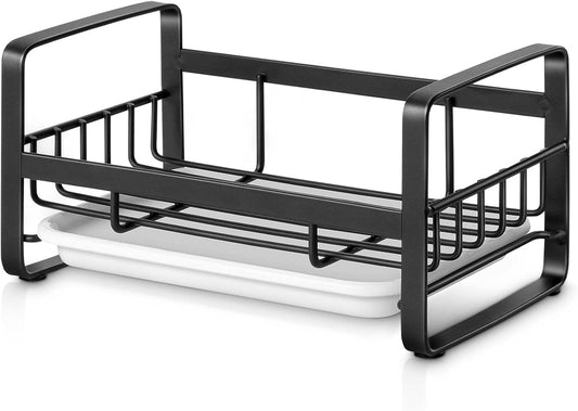 HULISEN Large Sponge Holder, 304 Stainless Steel Kitchen Soap Dispenser Caddy Organizer, Countertop Soap Dish Rack Drainer with Removable Drain Tray, not Including Dispenser and Brush, Silver