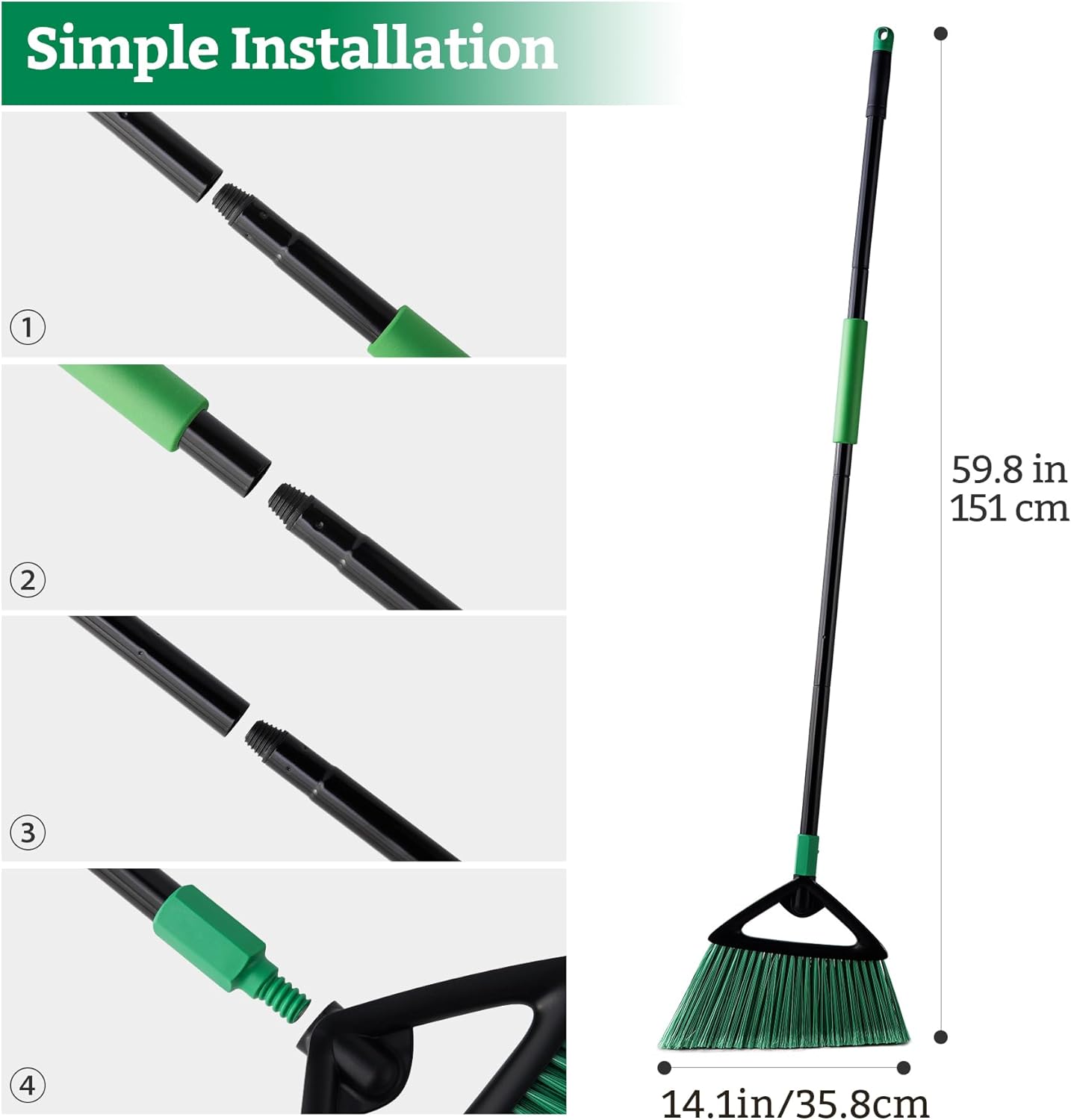 Eyliden Broom, Angle Broom with 57" Long Handle, PET Bristles - Fit Heavy-Duty Cleaning, Also Works Well Fine Dust - Commercial Outdoor Indoor Sweeper for Courtyard Sidewalk Deck Kitchen Lobby, Black