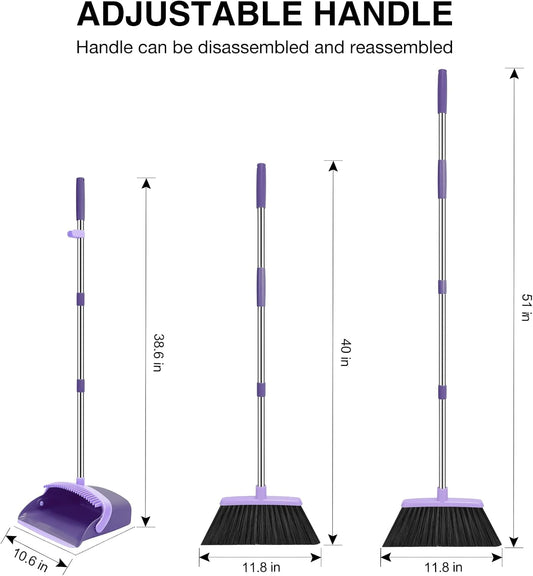 NACENA Broom and Dustpan Set, 52-in Long Adjustable Handle Broom Dustpan Combo with Dustpan Teeth to Automatically Clean Hair Suitable for Home Kitchen Office Hall Floor (Purple)