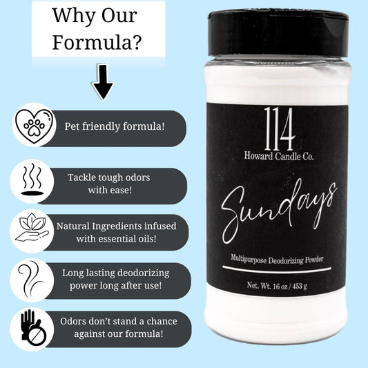 Carpet Deodorizer & Freshener Powder - Upholstery, Couch & Rug Odor Eliminator for Strong Odor & Pet Urine | Baking Soda Formula | Sundays Scent | Safe for Kids & Pets | 1-1-4 Howard Candle Co.