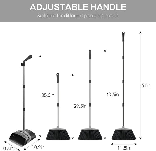 Broom and Dustpan Set for Home, 51-in Long Adjustable Handle Angle Broom and Dustpan Combo Set with Dust Pan Teeth to Clean Hair for Home Kitchen Office Lobby Floor Garden (Black&White)