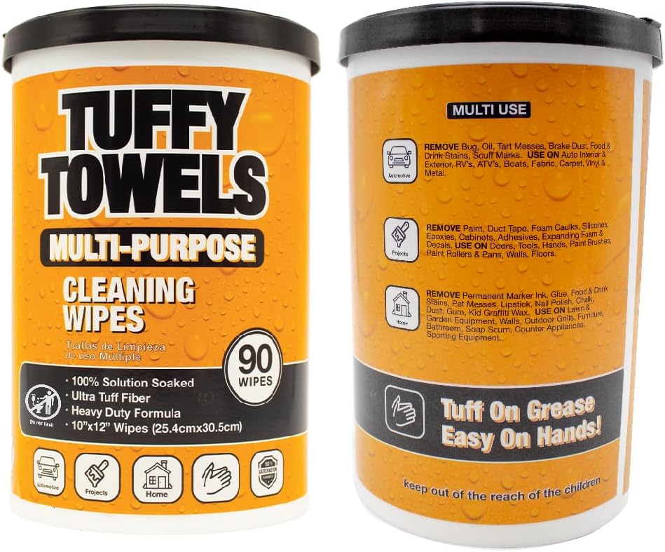 LAUCO Tuffy Scrub Cleaning Wipes – 90 Count (10" x 12") – Heavy Duty & Multi-Purpose Hand and Surface Towels for Industrial, Shop, Auto & Home Use (2 Pack, Multi-Purpose) 57022
