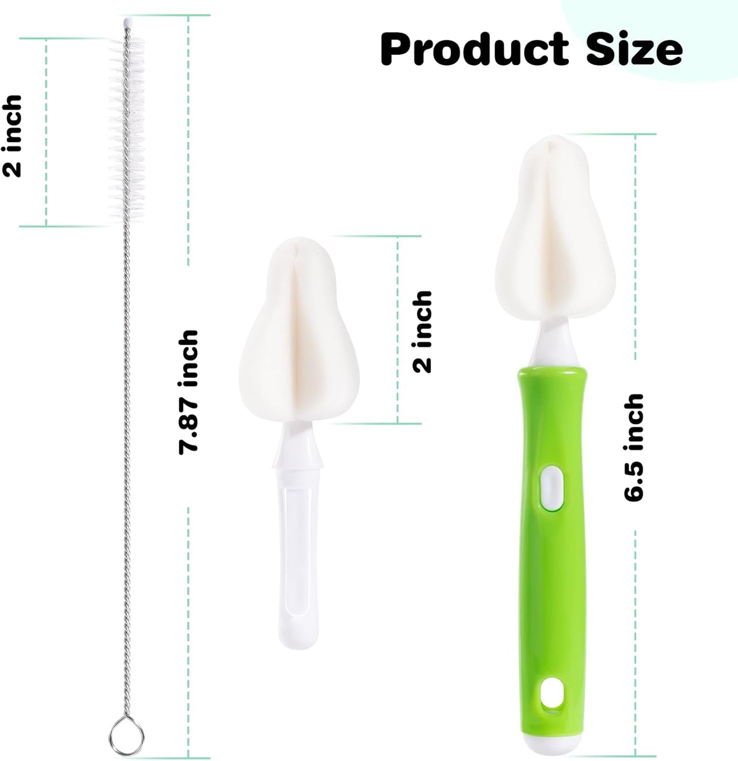 10 Pcs Sponge Bottle Nipple Brushes,4 Sponge Nipple Brushes for Baby Bottles, 4 Replacement Heads and 2 Pcs 7.87" Straws for Cleaning,Green