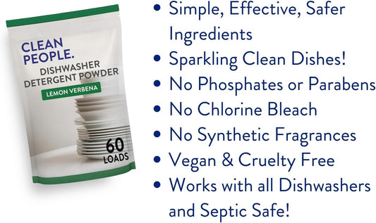 The Clean People Dishwasher Detergent Powder | Cuts Grease and Rinses Sparkling Clean | Residue-Free (30 Ounce, Lemon Verbena)
