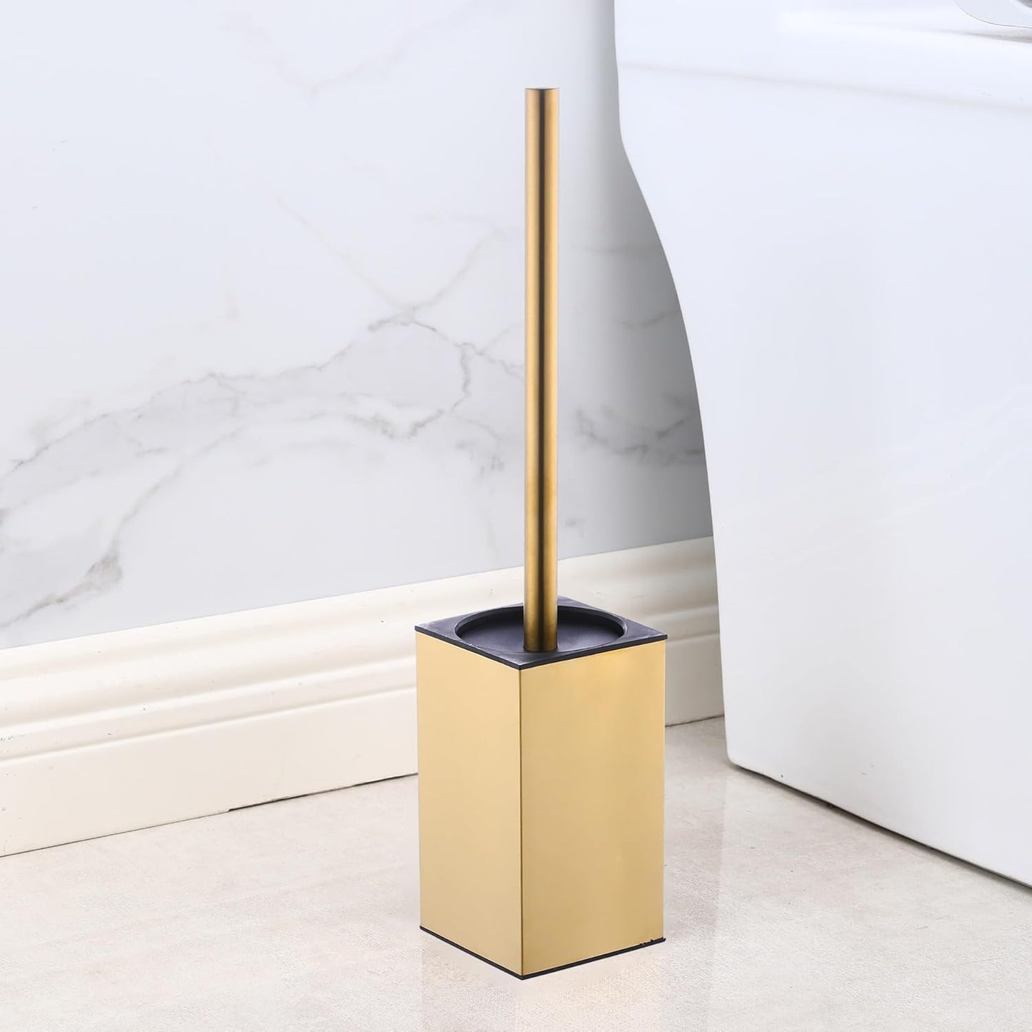 Toilet Brush and Holder, Stainless Steel Square Toilet Bowl Brush Freestanding with Lid,Toilet Cleaner Brush Set for Bathroom Storage,Brushed Gold