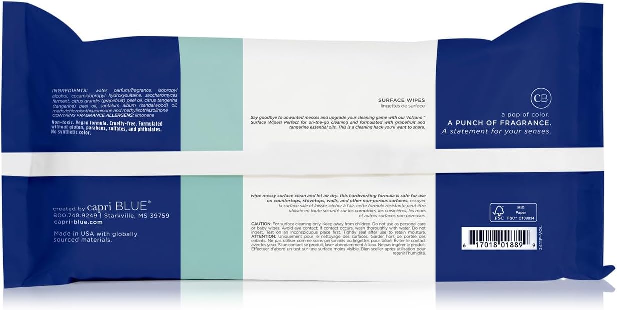 Capri Blue Volcano Multi Surface Wipes - Multi-Purpose Cleaning Wipes with Grapefruit & Tangerine Essential Oils - Safe for Countertops, Walls, and More - Non-toxic, Vegan & Cruelty Free (48 count)