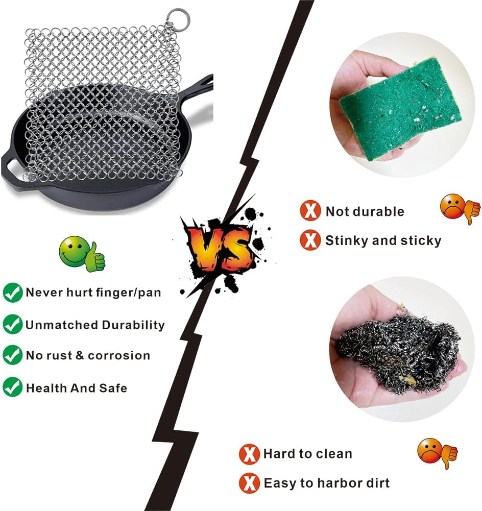 Cast Iron Cleaner - 6 Inch Stainless Steel Chain mail Scrubber for Cast Iron Pans Cleaner Chainmail Scrubber for Skillet, Wok, Pot, Dutch Ovens