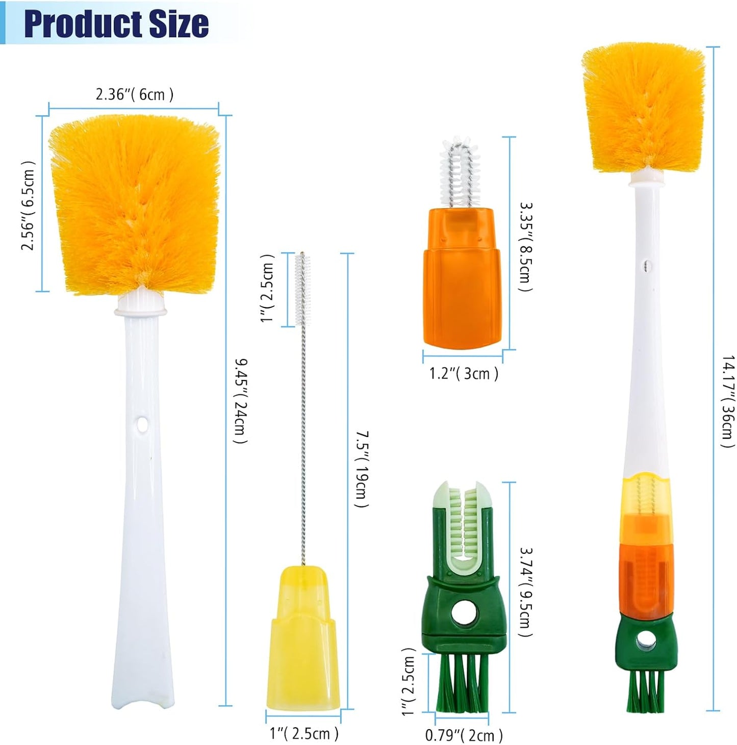 Five-in-one Bottle Brush Set (1Pc Green), Long Handle Bottle Cleaning Brush Straw Brush Nipple Brush Hard-Corner Brush for Sports Water Bottles Caps Mugs Glasswares Tumblers Wine Decanters